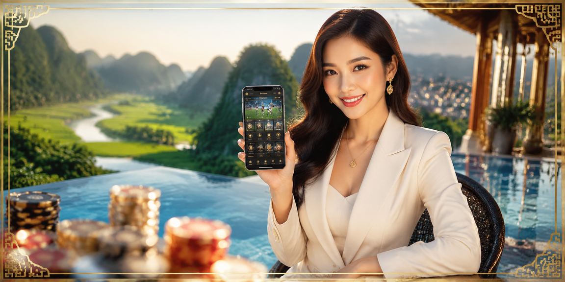 Phong cảnh Ninh Bình và hình ảnh người dùng Việt Nam chơi game có trách nhiệm trên điện thoại